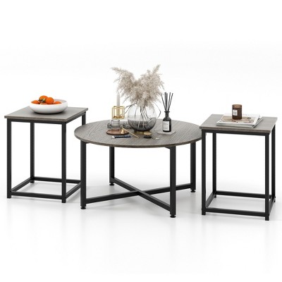 Tangkula Round Nesting Table Set of 3 Coffee Table w/ 2 End Tables Sturdy Metal Frame