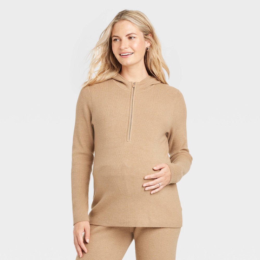 Hooded Maternity Nursing Sweater - Isabel Maternity by Ingrid & Isabel™ Tan S: Lightweight Pullover, Zip-Off Hood, Long Sleeve