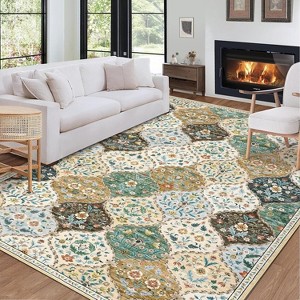 Washable Vintage Floral Rug Non Slip Low Pile Rug Soft Distressed Throw Floor Cover Foldable Indoor Carpet for Living Room Bedroom Playroom Nursery - 1 of 4