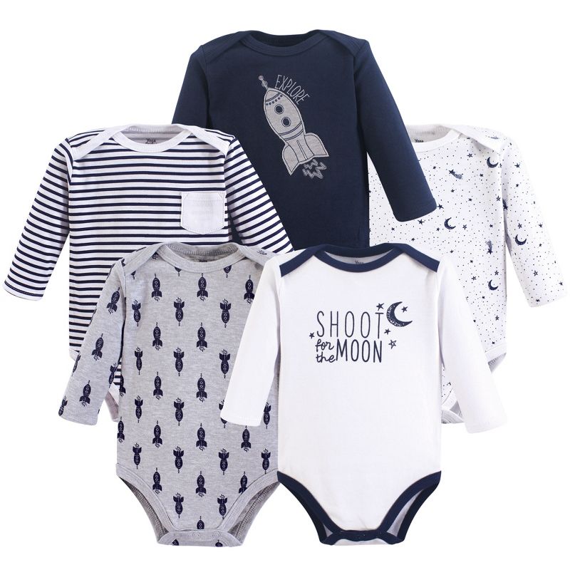 Yoga Sprout Baby Boy Cotton Long-Sleeve Bodysuits 5pk, Moon, 1 of 2