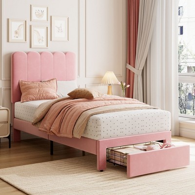Coucheta Twin Bed Frame with Storage & Headboard, Velvet Upholstered (Color: Flannel Pink)