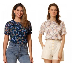 INSPIRE CHIC Women's Chiffon Short Sleeve Ruffled Trim Floral Blouse 2 Packs - 1 of 4