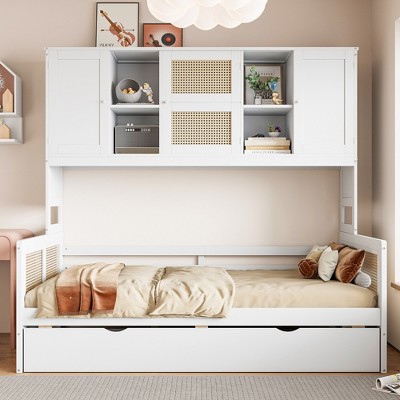 Twin/Full Size Wooden Daybed with Trundle, Built-in Storage Cabinet & Shelves, Multifunctional Bed Frame for Kids & Guests, White/Gray - ModernLuxe