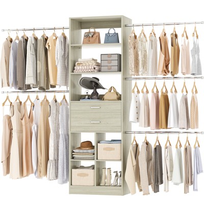 Aheaplus Closet Organizer with 2 Wooden Drawers, Walk-in Closet System with 5 Hang Rods & shelves