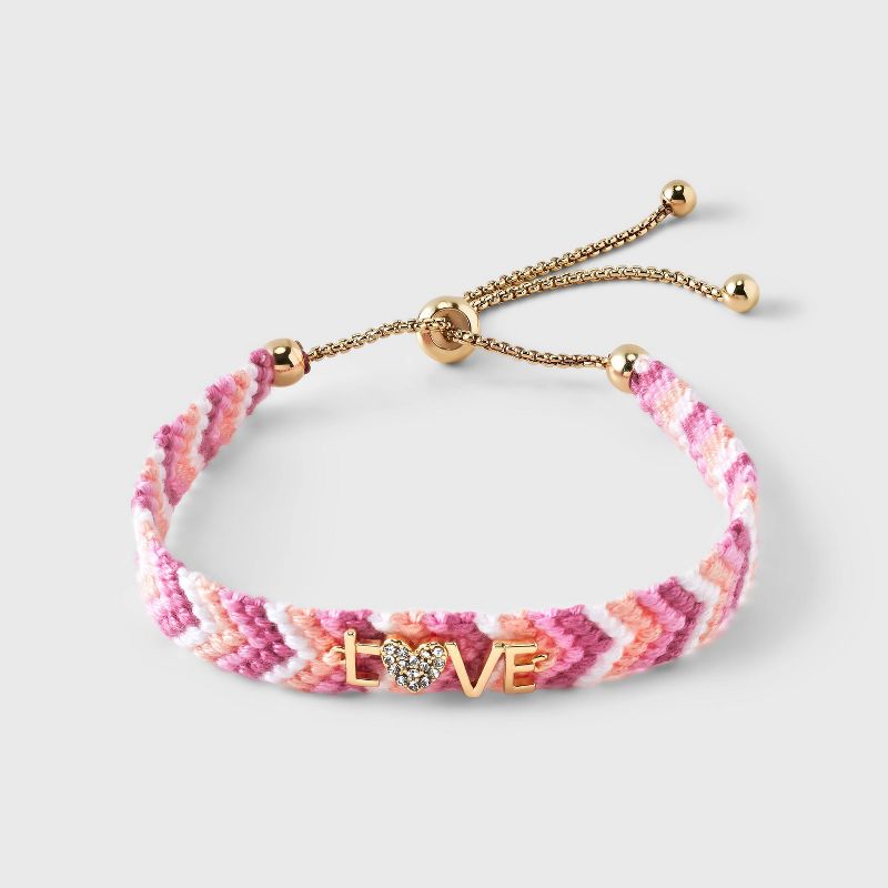 14K Gold Dipped &#34;Love&#34; with Crystal Heart Woven Adjustable Bracelet - A New Day&#8482; Pink, 4 of 6