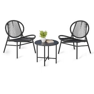 3 Piece Patio Bistro Set, Outdoor Acapulco Chairs Set of 2 with Glass Top Table, All Weather Modern Patio Chairs with Cushions - 1 of 4