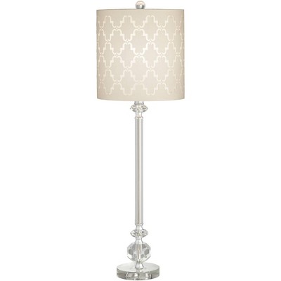 Vienna Full Spectrum Table Lamp Clear Crystal Column Metal Light Gray Fabric Cutout Pattern Shade for Living Room Bedroom Bedside