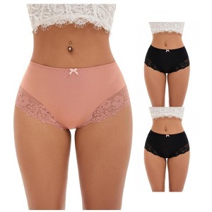 INSPIRE CHIC 3 Packs Women's Lace Trim High Waist Briefs Full-Coverage Lace Back Underwear Panties - 1 of 4