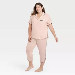 Women's Plus Size Beautifully Soft Notch Collar Cropped Pajama Set - Stars Above™ Pink 3X