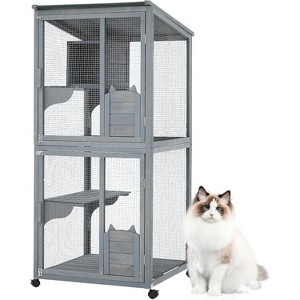 2-Tier Outdoor Cat House, Small Animal Enclosure with 2 Lockable Doors, Catio with Waterproof Cover and Sunshine Panel Roof - 1 of 4