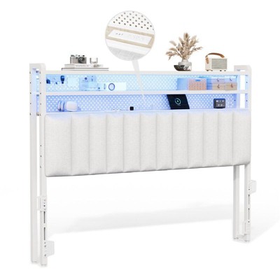 Karl Home Twin Full Queen King Size Headboard, Adjustable Upholstered Headboard with 3 Tier Shelves and Pegboard with Charging Stations and LED Lights