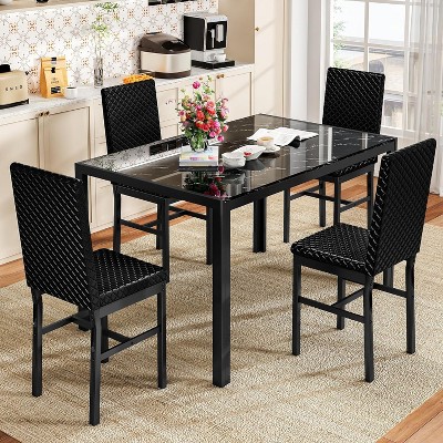 Hooseng Modern Luxurious Style 5/7 Piece Dining Room Table Set, Tempered Glass Top Dining Table Set for 4/6, Metal Frame And Upholstered Dining Chairs