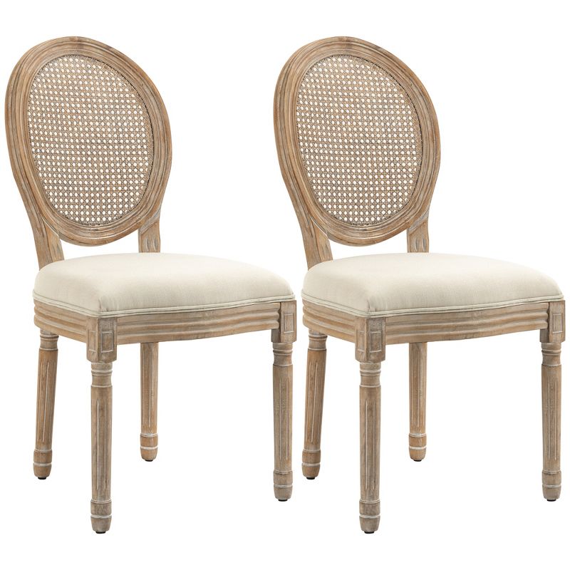 HOMCOM French-Style Upholstered Dining Chair Set, Armless Accent Side Chairs with Rattan Backrest and Linen-Touch Upholstery, Set of 2, 4 of 7