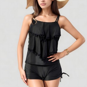 Anna-Kaci Swim Women's Two-Piece Swimsuit Set with Pom Pom Trim Layered Tank Top and Drawstring Swim Shorts - 1 of 4