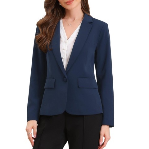 INSPIRE CHIC Women's One Button Notch Lapel Long Sleeve with Shoulder Pads and Pockets Blazer Large Deep Blue