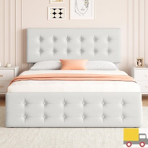 Jojoka Bed Frame with 4 Storage Drawers and Adjustable Linen Headboard, Button-Tufted Upholstered Platform Bed with Wooden Slats - 1 of 4