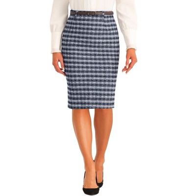 Allegra K Women's Tweed Belt High Waist Slit Back H Line Office Skirt