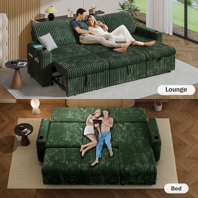 Vipbear 101" Sectional Sleeper Sofa Bed, Pull-Out Bed, Reclining Backrest, Reversible Storage Chaise, USB Ports & Cup Holders