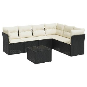 vidaXL Patio Sofa Set with Cushions Outdoor Furniture 6 Piece Poly Rattan - Black and Cream With Table - 1 of 4