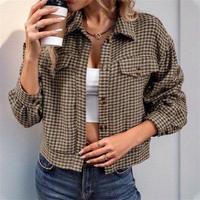 Women's Plaid Short Shirt Jacket Button Down Long Sleeve Top