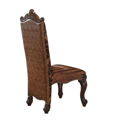 Brown Faux Leather Floral Wood Dining Side Chairs Set of 2