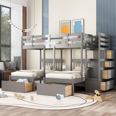 Streamdale Full Over Twin & Twin Bunk Bed, Wood Triple Bunk Bed with Drawers and Guardrails (Gray)