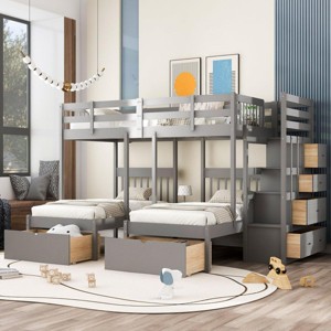 Streamdale Full Over Twin & Twin Bunk Bed, Wood Triple Bunk Bed with Drawers and Guardrails (Gray) - 1 of 4