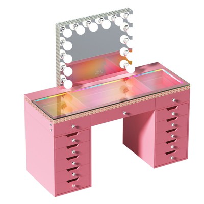 VANITII 13-Drawer Makeup Vanity Table With RGB Strip Light, Bluetooth 14 LED Bulbs Mirror, Pink