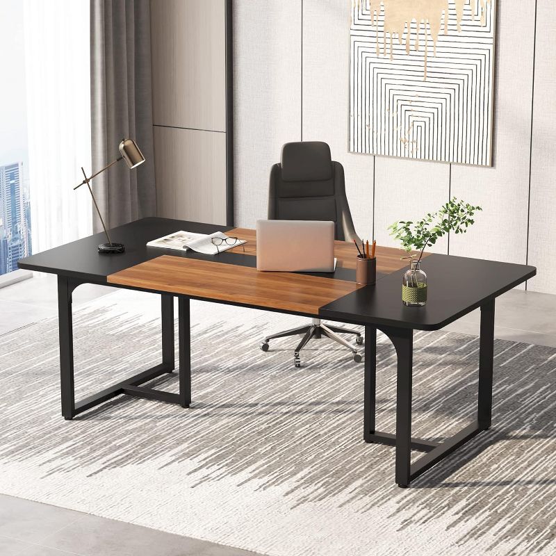 Tribesigns 6ft Executive Computer Desk, Large wood and Metal Meeting Table, 2 of 7