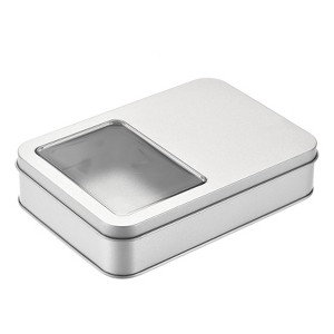 Unique Bargains Tinplate Storage Container with Clear Window Lids Rectangular Tin Box 6.3" x 4.33" x 1.38" Silver - 1 of 4