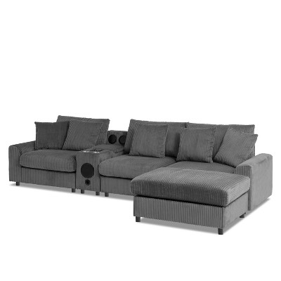 114*64" Modular Corduroy Sectional Sofa with Bluetooth Speakers, Storage, Charging Ports, and Ottoman