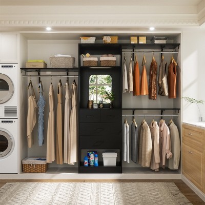 Aheaplus 96" Closet System with Mirror and 4 Drawers, Walk-In Closet Organizer with Hanging Rods