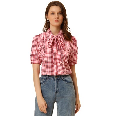 Allegra K Women's Plaid Blouse Bow Tie Neck Puff Short Sleeve Gingham Shirt