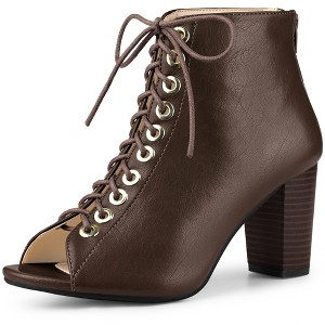 Allegra K Women's Peep Toe Lace Up Chunky Heel Ankle Booties - 1 of 4