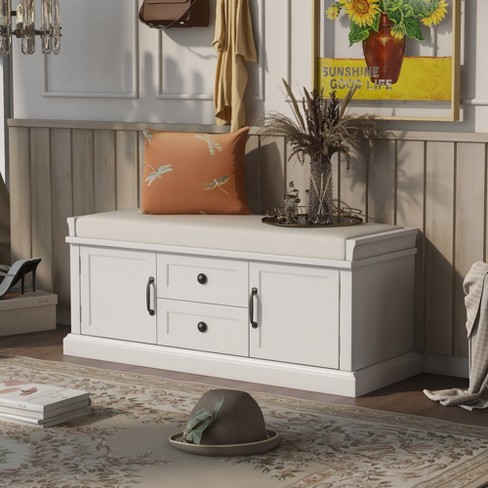 Storage Bench, Shoe Bench with Seating, Rustic Style 2-Door Storage Bench  with 4 Small Storage Spaces, Wood Entryway Bench for Entryway, Foyer or a  Mudroom, White 