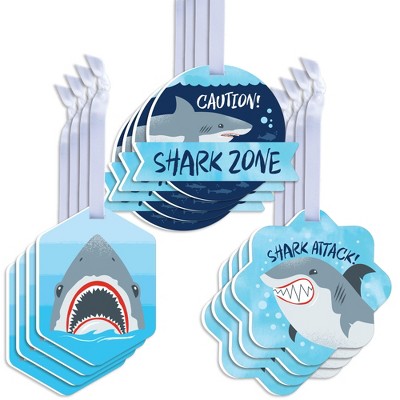 Big Dot of Happiness Shark Zone - Assorted Hanging Jawsome Shark Party or Birthday Party Favor Tags - Gift Tag Toppers - Set of 12