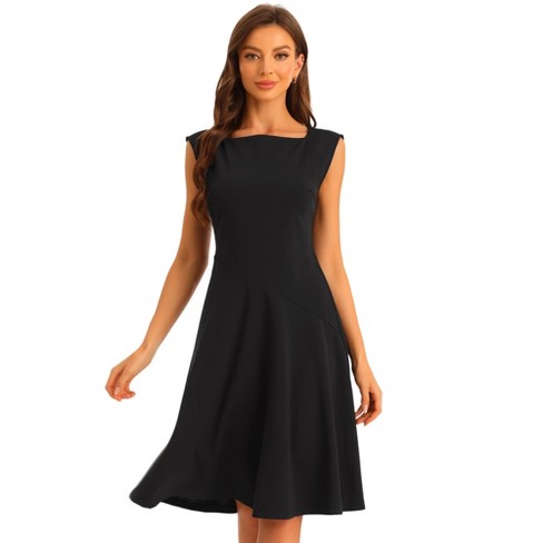 Allegra K Women's Elegant Work Dress Belted Boat Neck Short Sleeve Dresses  Small Black 