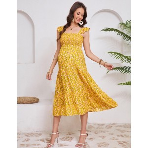 Maternity Dress Square Neck Sleeveless Smocked Ruffle Sleeve Baby Shower Photoshoot Summer Midi Dresses - 1 of 4