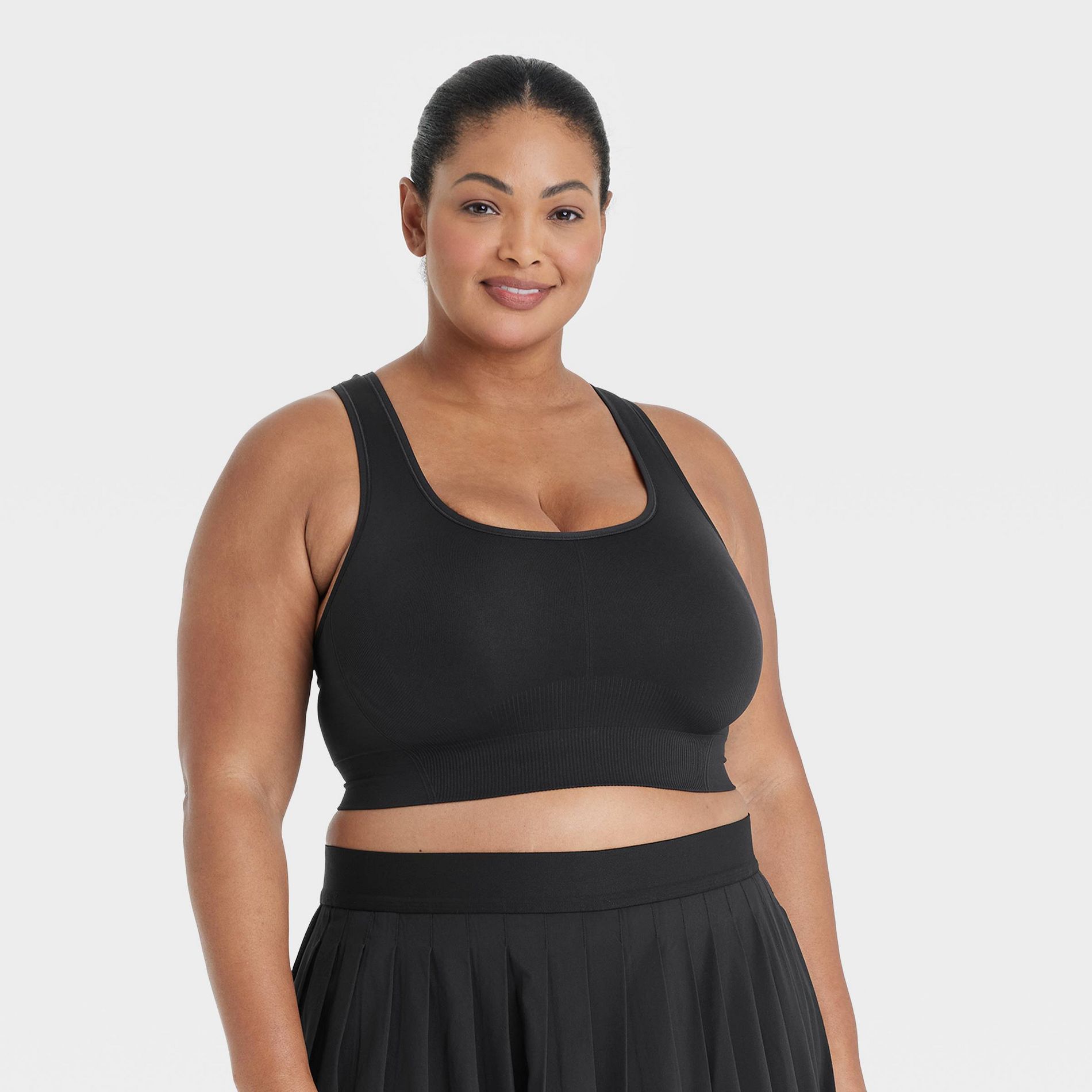 Women's Seamless Medium Support Racerback Midline Sports Bra - All In Motion™ Black S: Removable Padding, Knit