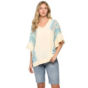Slickblue Women's Hi-Low Hem Knit Top with Mixed Print and Fringe Sleeve Trim - Ivory, Size, S-L - 1 of 4