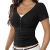Women's Short Sleeve Fitted Crop Top V Neck Summer T-Shirt Button Ruched Front Lace Trim - 4 of 4