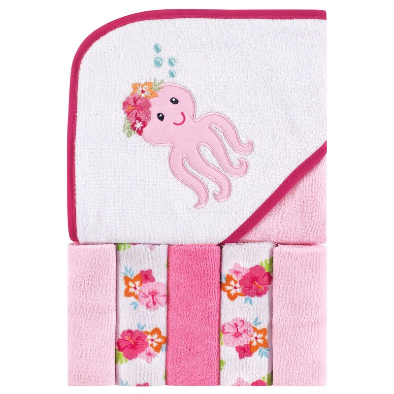 Luvable Friends Baby Girl Hooded Towel with Five Washcloths, Tropical Octopus, One Size, 1 of 3
