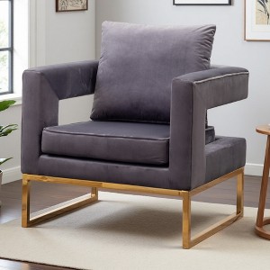 Velvet-Like Contemporary Accent Armchair with Cut-Out Armrests and Gold Metal Frame - 1 of 4
