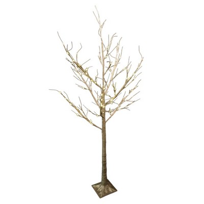 Season's Designs 4Ft Champagne Glitter Branch Tree with Metal Stand Indoor/Outdoor Christmas Decoration, Gold Plastic, Ground Freestanding, Plug-In, ,