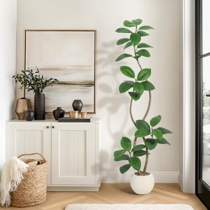 Artificial Plants Rubber Tree with Black Resin Pot& White Stone Faux Fiddle Leaf Fig Tree Indoor Artificial Trees - 1 of 4