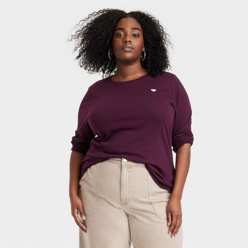Women's Long Sleeve Embroidered Heart T-shirt - A New Day™ Burgundy Xxl :  Target