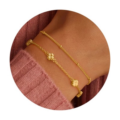 Turandoss 2PCS Gold Bracelet for Women Girls - Dainty 18K Gold Chain Bracelet Stack for Kids, Layered Bracelet Set, Christmas Gifts for Girls, 6+2In
