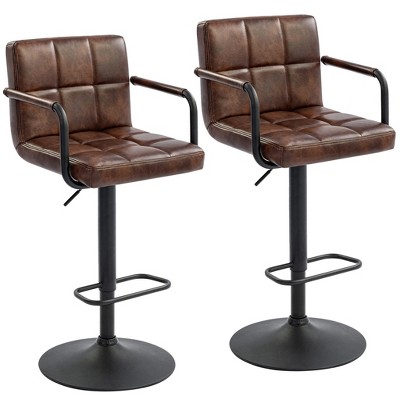 Furniliving Bar Stools Set of 2 with Back, Modern Square Faux Leather Stools with Armrest, Adjustable Height for Kitchen/Bar/Pub/Cafe
