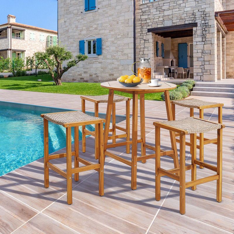 Costway 2PCS/4PCS Patio PE Wicker Bar Stools with Acacia Wood Frame Bar Height Chairs Poolside, 2 of 10