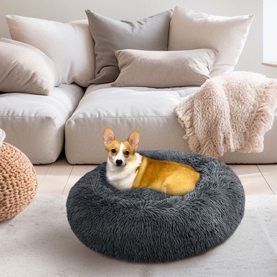Small Gray Faux Fur Round Donut Pet Bed